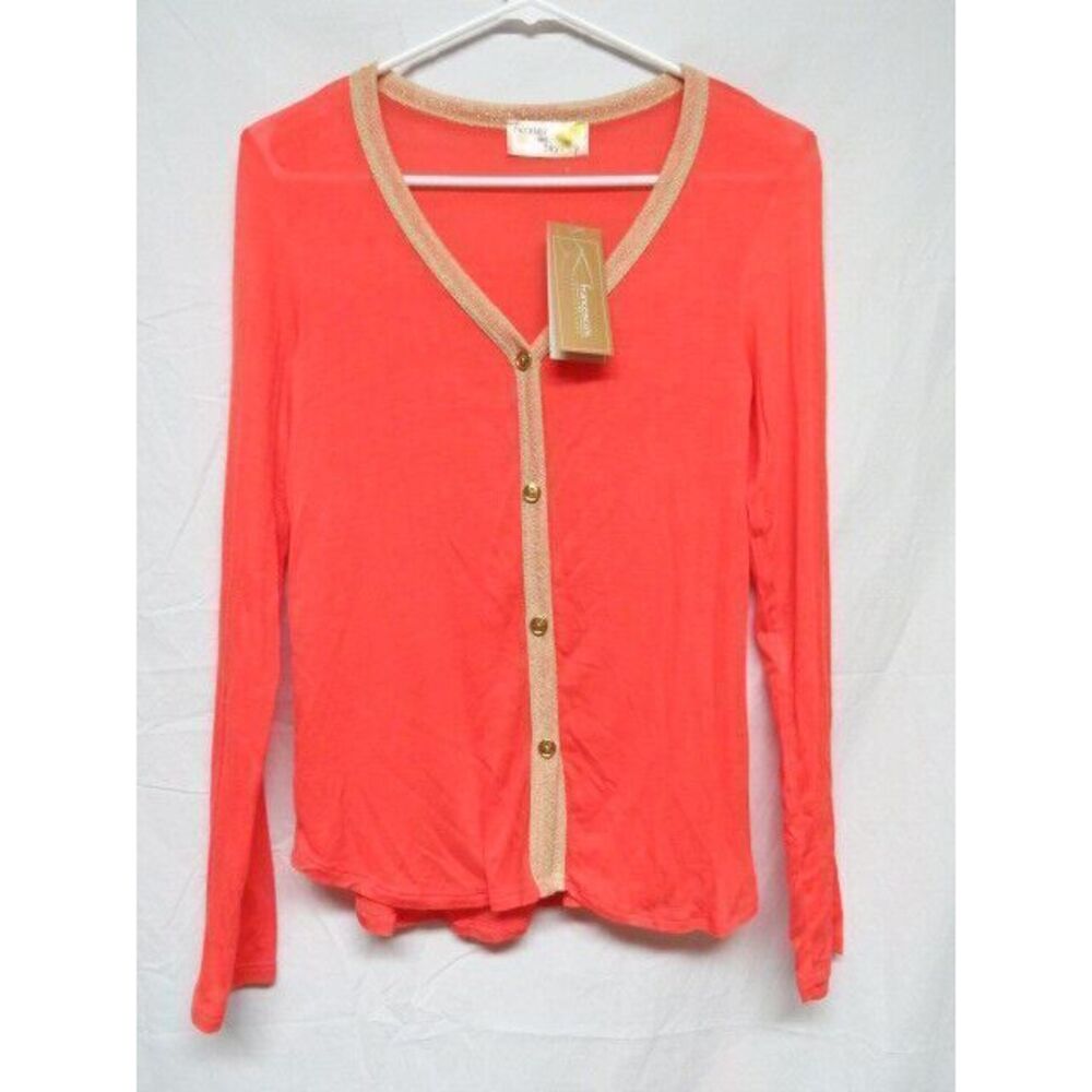 Paisley & Ivy Women's Coral Long Sleeve Cardigan Sweater Gold Trim Light Small